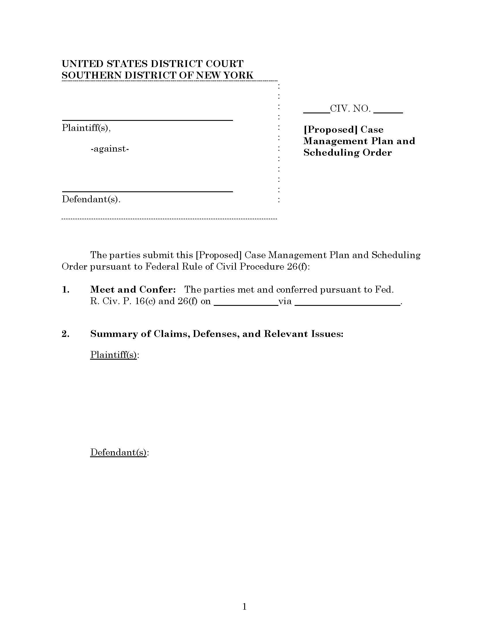 [Proposed] Case Management Plan And Scheduling Order (Mag. Judge Ricardo) | Pdf Fpdf Docx | New York